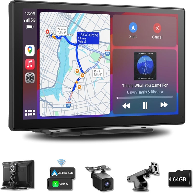 xpootoon 9-Inch Wireless Apple CarPlay & Android Auto, Portable Carplay Radio, 4K Dash Cam 1080P Backup Camera, Touchscreen with GPS Navigation, Bluetooth, Voice Control, Carplay Screen for All Cars - Image 1